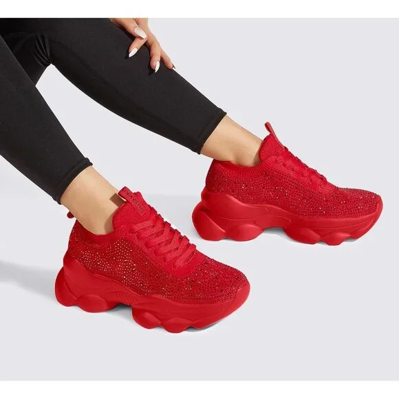 Lucky Step Women's Red Rhinestone Sneaker Chunky Sparkly Bling Mesh Slip on - Picture 8 of 9